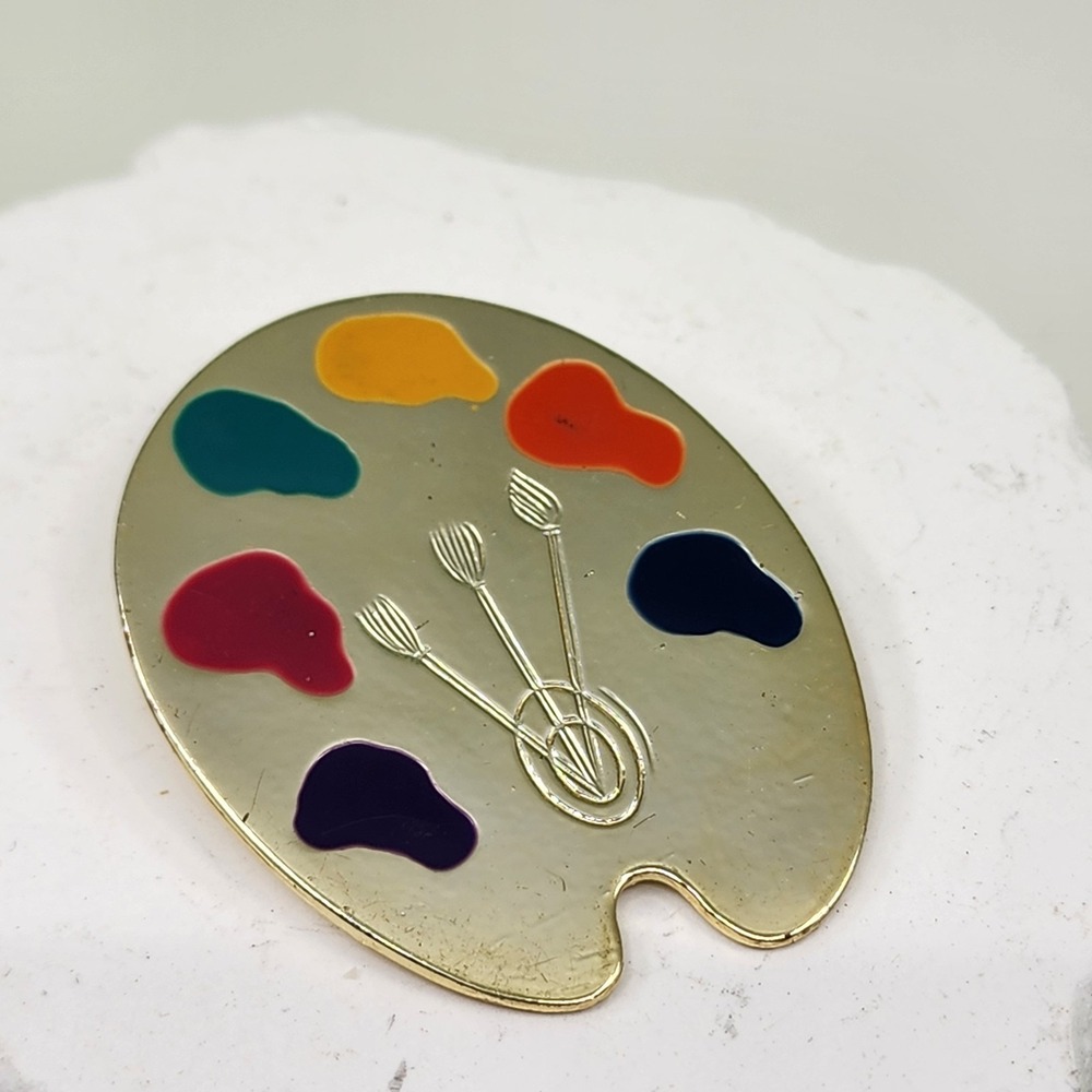 Artist Palette Pin Brooch Gold Tone Multicolor Enamel Paint Brush Art Jewelry